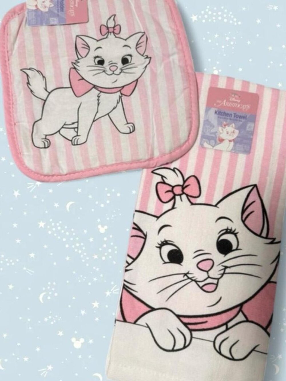 Disney Aristocats Marie pink striped kitchen towel and potholder set